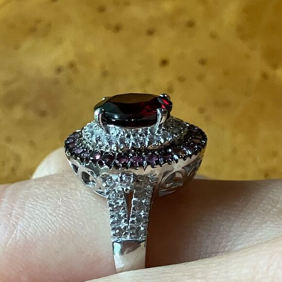 Natural Red Garnet Pink Tourmaline Sterling Silver Double Halo Ring Size 6 - Picture 3 of 9